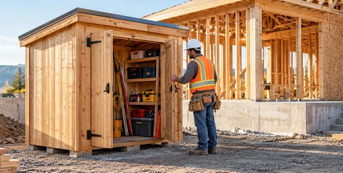 Timber dog house tool shed protecting construction equipment beside a home under construction