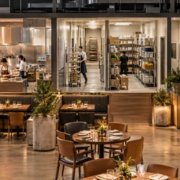 Restaurant back of house with kitchen, storage, staff corridor and mechanical spaces behind the guest dining area
