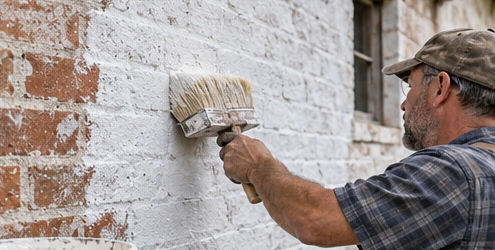 Craftsperson brushes limewash over a textured masonry wall, with the transition from bare brick to white finish visible.