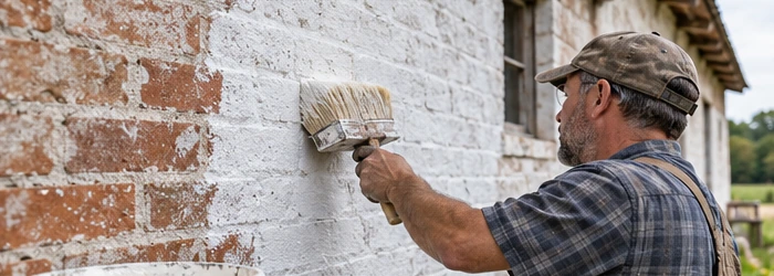 Craftsperson brushes limewash over a textured masonry wall, with the transition from bare brick to white finish visible.