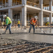 Workers pour and finish a reinforced concrete slab on a commercial building site.