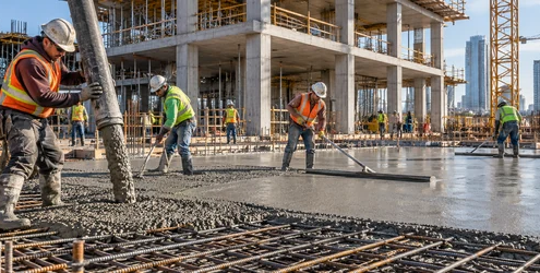 Workers pour and finish a reinforced concrete slab on a commercial building site.