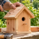Person assembles an untreated wooden wren house with a round entrance hole beside a small wren in a garden.