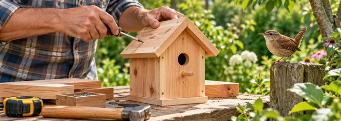 Person assembles an untreated wooden wren house with a round entrance hole beside a small wren in a garden.